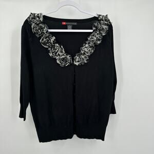 IB Diffusion Womens Cardigan Sweater Size L Black Rosettes Classic‎ Feminine